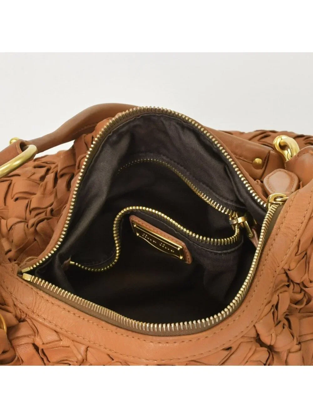 Miu Miu Intrecciato 2-Way Leather Shoulder Fringe Hobo Brown Lambskin Gold